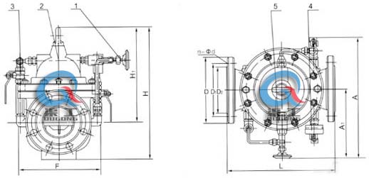 300X緩閉止回閥 外形結(jié)構(gòu)圖 (1、針閥2、主閥3、球閥4、壓力表5、單向閥）